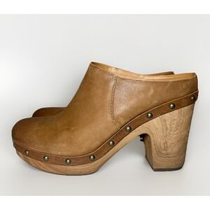 KORK EASE Women's 9 Leather Tan Cognac Brown Clogs Mules Chunky Platform Studded